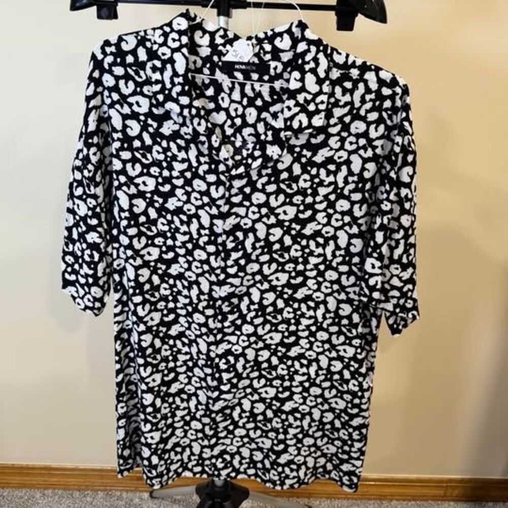 NovaMen XXL Black and White Leopard Print Short Sleeve Button Down Shirt
